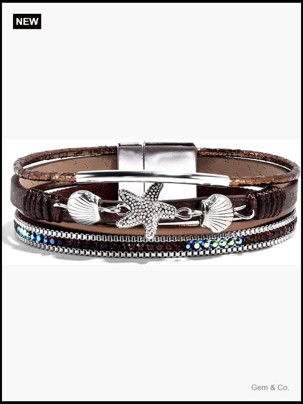 Boho Multi-Layer Leather Wrap Bracelet with Seashell Starfish Clasp